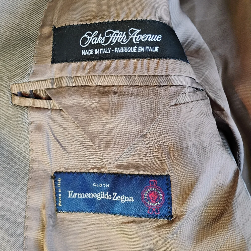 Ermenegildo Zegna Saks Fifth Avenue Suit Blazer 44 L Slim‎ Fit Taupe Wool Italy